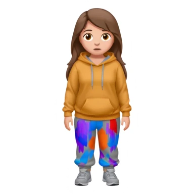 Chica grande  asustada de cuerpo completo mirado a la izquierda con pelo castaño largo y piel blanca  pantalones baggy  grises y hoodie gris  sticker