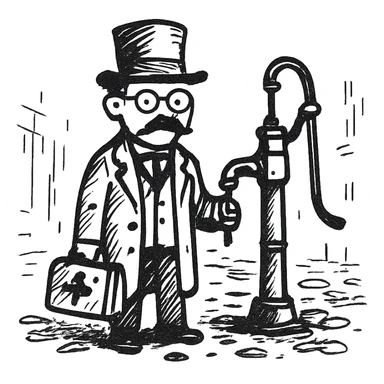 A victorian doctor with a street water pump in a dirty street sticker