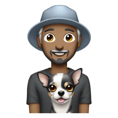 man blue eyes gray hair gray goatee ball cap holding black longhair chihuahua  sticker