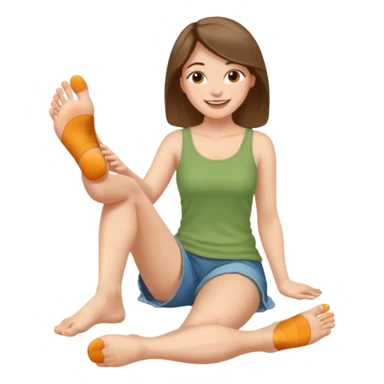 a woman sitting barefoot with one talking detailed pretty face on each foot's sole sticker
