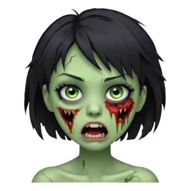 Green zombie girl with messy black short hair with lashes and torn cheek and open mouth  sticker