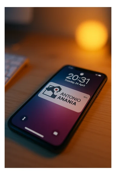 A photo of an iPhone with the message "Antonio Anania" on its screen, The phone sits atop a desk with a blurred background that suggests work environment. A faint glow from above casts gentle shadows across the surface of each object, creating depth and highlighting their textures. sticker