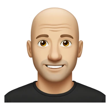 White man bald and middle bard brown eyes and happy face, black tshirt sticker