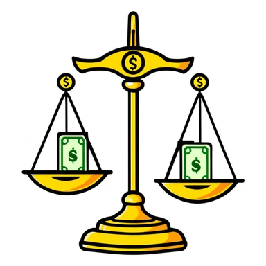 A decorative gold balance scale with green money and dollar signs on one side and three colorful stars on the other side sticker