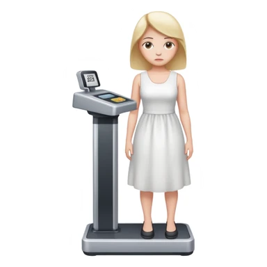 women is standing on weight check machine and she is sad because his weight is not ganaing showing weight also sticker