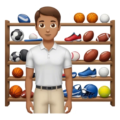 a white  salesman with brown hair standing next to a shelf where sports equipment is placed sticker