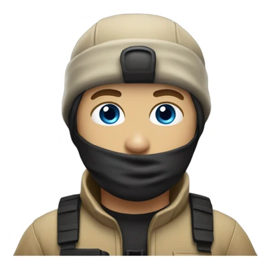 White male, face mask, tan tactical gear, tan pants, combat boots, black beanie, blue eyes sticker