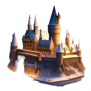 Hogwarts castle covered in snow, with warm lights glowing from the windows, creating a cozy, magical holiday scene sticker