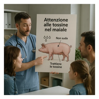 realistic scene of a veterinarian showing a diagram to a family, highlighting that the pig does not sweat and retains toxins, educational atmosphere, Italian text: 'Attenzione alle tossine nel maiale', 4K quality sticker