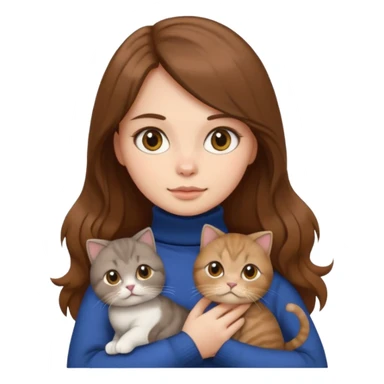 girl with long brown hair in a turtleneck holding a Scottish Fold cat, emoji style sticker