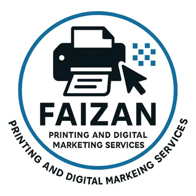 clean emblem style logo for 'Faizan Printing and Digital Marketing Services' featuring printer and paper icon, digital cursor and pixel grid representing digital marketing, blue black and white color scheme, bold clear company name, minimal digital motif encircling logo, modern professional adaptable for print and web sticker