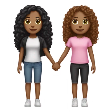 two best friends holding hands , both with tan skin. One long black straight her the other long curly hair. clothing pink for both  sticker