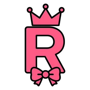 modern icon style pink letter R with a pink crown and a bow sticker