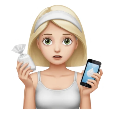 she's anxious , has a transparent tiny pastic bag full of white powder, and her phone in the other hand sticker