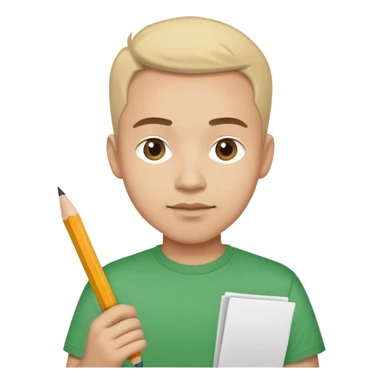 Image of an author working at "DX". DX is on his Tshirt with a pencil and paper in either hand sticker