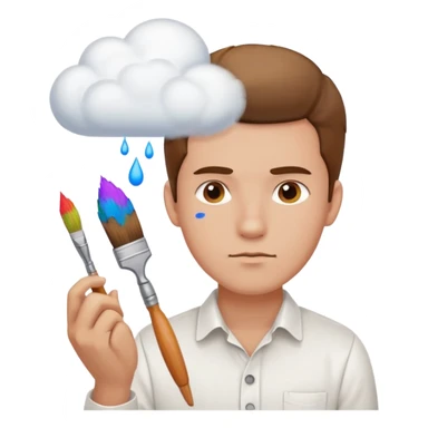 a man in a white buttoned shirt with a thinking cloud picturing a brush sticker