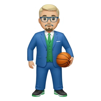 Full Body plus size white male basketball team manager with glasses blondish gray short hair with a goatee wearing blue and green suit sticker