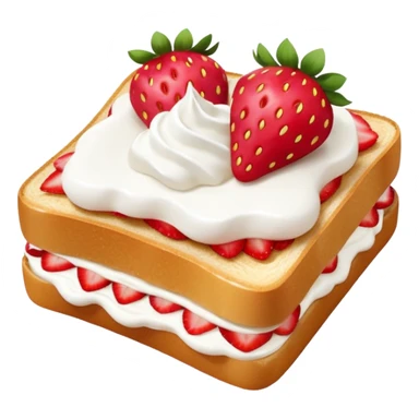 square toast topped with fluffy white cream, decorated with a strawberry bow made from two strawberry center, bright red and glossy sticker
