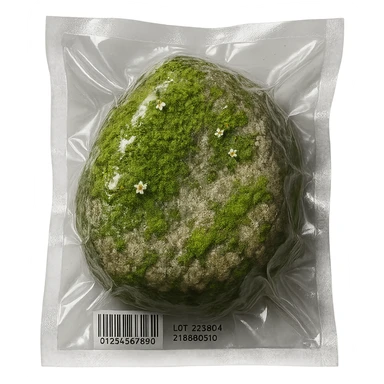 stone mostly covered in green moss with small flowers, glossy and puffy sticker