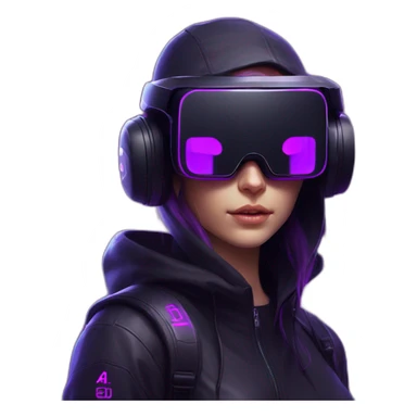 Russian student in the black hoody with violet letters "OMG VR" on it wearing vr headset. Cyberpunk style. Violet neon. sticker