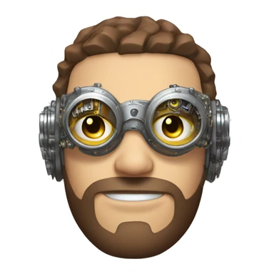 male cyborg head with brown short hair, brown beard, silver steampunk goggles and circuits sticker