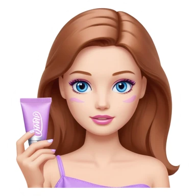 Barbie girl Chestnut Shoulder-length hair and blue eyes is In pale purple smears by hand cosmetic cream on her face sticker