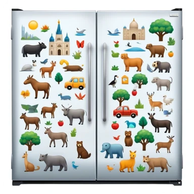 Icon for Magnet Collecting: a close-up of a fridge door covered with a variety of magnets, featuring cities, animals, symbols. The icon should highlight the diversity and charm of magnet collections. Transparent background. sticker