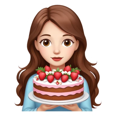 A beautiful girl with long brown hair and flowers holding a strawberry cake sticker
