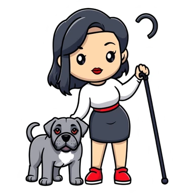 woman with long black hair and red lips next to a black Cane Corso dog with cropped ears and short tail sticker