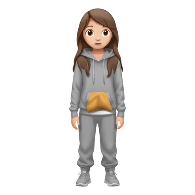 Chica grande  asustada de cuerpo completo mirado a la izquierda con pelo castaño largo  pantalones baggy  grises y hoodie gris  sticker