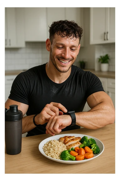 a fit man in his 30s, still in gym clothes and slightly sweaty, sits at a kitchen table right after a workout. In front of him is a balanced meal with a generous portion of rice, pasta, or potatoes, along with lean protein and vegetables. He checks his watch or a fitness app, smiling with satisfaction as he times his post-workout meal. The background is a bright, modern kitchen, with a shaker bottle and gym bag visible. sticker