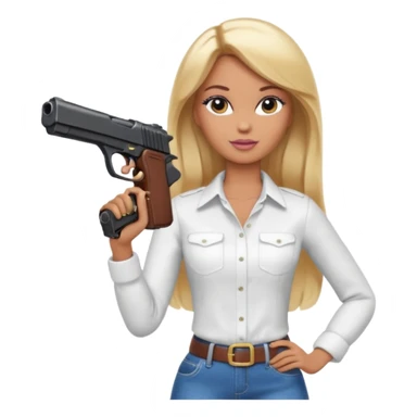 Brown skin blonde hair barbie wearing white shirt holding a black gun sticker