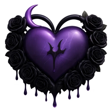 Make the black roses much more prominent and detailed, keeping the gothic heart, purple glass, crescent moon with dripping effect, faint lightning, misty rain, cracked glass with misty glow, in the style of 3D emoji style, with no background. sticker