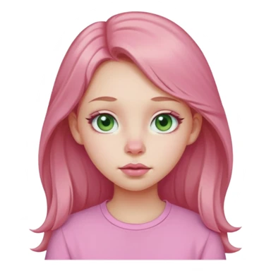 Pale girl, pink nose, cheeks, nose, chin, long light brown hair, Pink full lips, doe eyes, light green eyes wearing cute pink shirt sticker