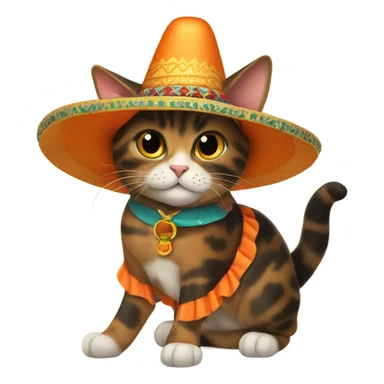 Tortoiseshell cat with orange collar wearing a sombrero hat sticker