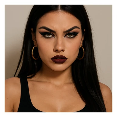 baddie girl with long dark hair, hazel eyes, small nose, bold makeup, attitude sticker