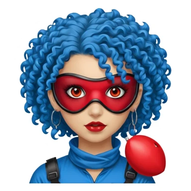 blue curly haired paintball playergirl with huge earrings, wearing red paintball eye mask, sticker