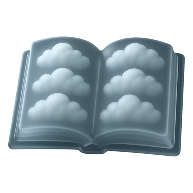 top view of a thick open book made entirely of small, very bright white fluffy convex clouds, matte glass style, no background sticker