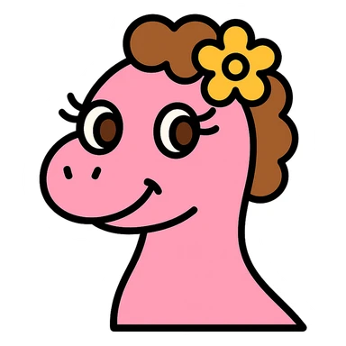 pastel pink dinosaur with brown curly hair, a Hawaiian flower in her hair, brown eyes, and long eyelashes, playful icon style sticker
