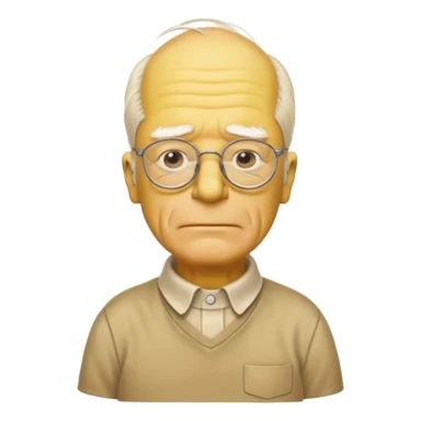 A 3D cartoon close-up of Grandpa Abe Simpson, yellow skin, bald head with side tufts of white hair, glasses, wrinkled face, beige shirt with collar, soft yellow lighting, cinematic Memoji-style portrait consistent with other Simpsons family members, yellow dress. sticker