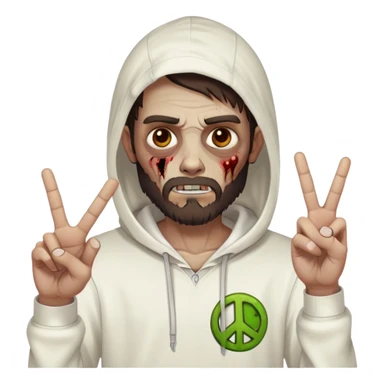 zombie with peace sign gesture wearing plain white hoodie with no designs, dark brown hair and short full beard sticker