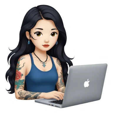 beautiful girl, with tattoos, with long black hair, wavy hair, chinese, with laptop sticker
