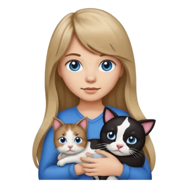 Apple-style emoji sticker of a young woman with long dark blond hair and bang, blue eyes , holding a cat black and white like a cow patch on her chest.  sticker