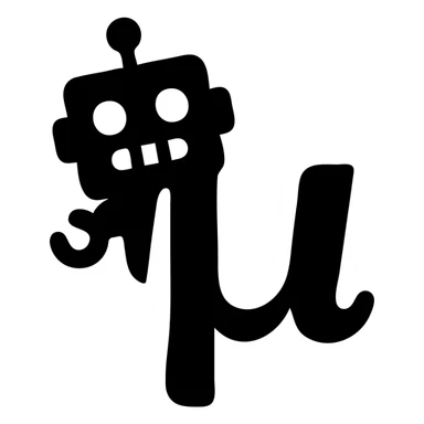 solid icon of a blue lowercase mu with a playful toy robot peeking from behind sticker