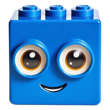 A bright blue Lego building block with big eyes and a happy expression sticker