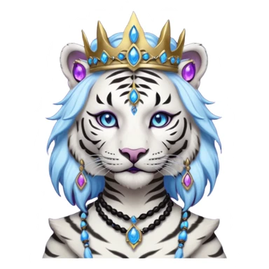 ESO Female white/black tiger khajiit leader of the umbral rose, glowing blue eyes, glowing blue 'third eye' gem, black beaded dreadlocks; silver crown/tiara with purple gems sticker
