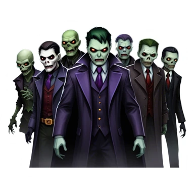 Icon for Thriller Movies: A large, dramatic collage featuring sinister villains and zombies in dark clothing. The background shows the gloomy cityscape of Gotham with dim lighting and eerie shadows. The atmosphere should be tense, mysterious, and suspenseful. Transparent background. sticker