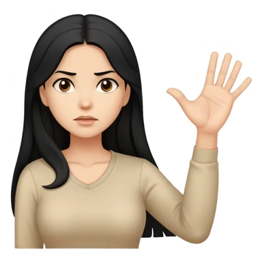 Hispanic woman with long hair, beige top, determined, one hand out motioning to stop sticker