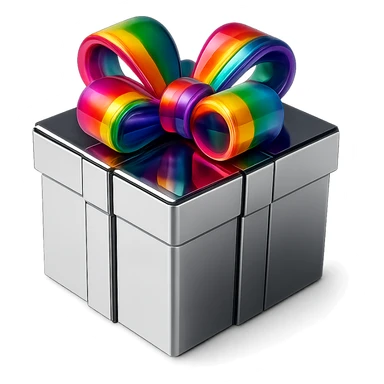 Make the bow on the abstract chrome box colorful while keeping the box radiant and harmonious, no background. sticker
