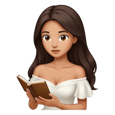 Beautiful woman in 1950’s woman fashion look, off-shoulder white dress, long dark brown hair, reading  sticker